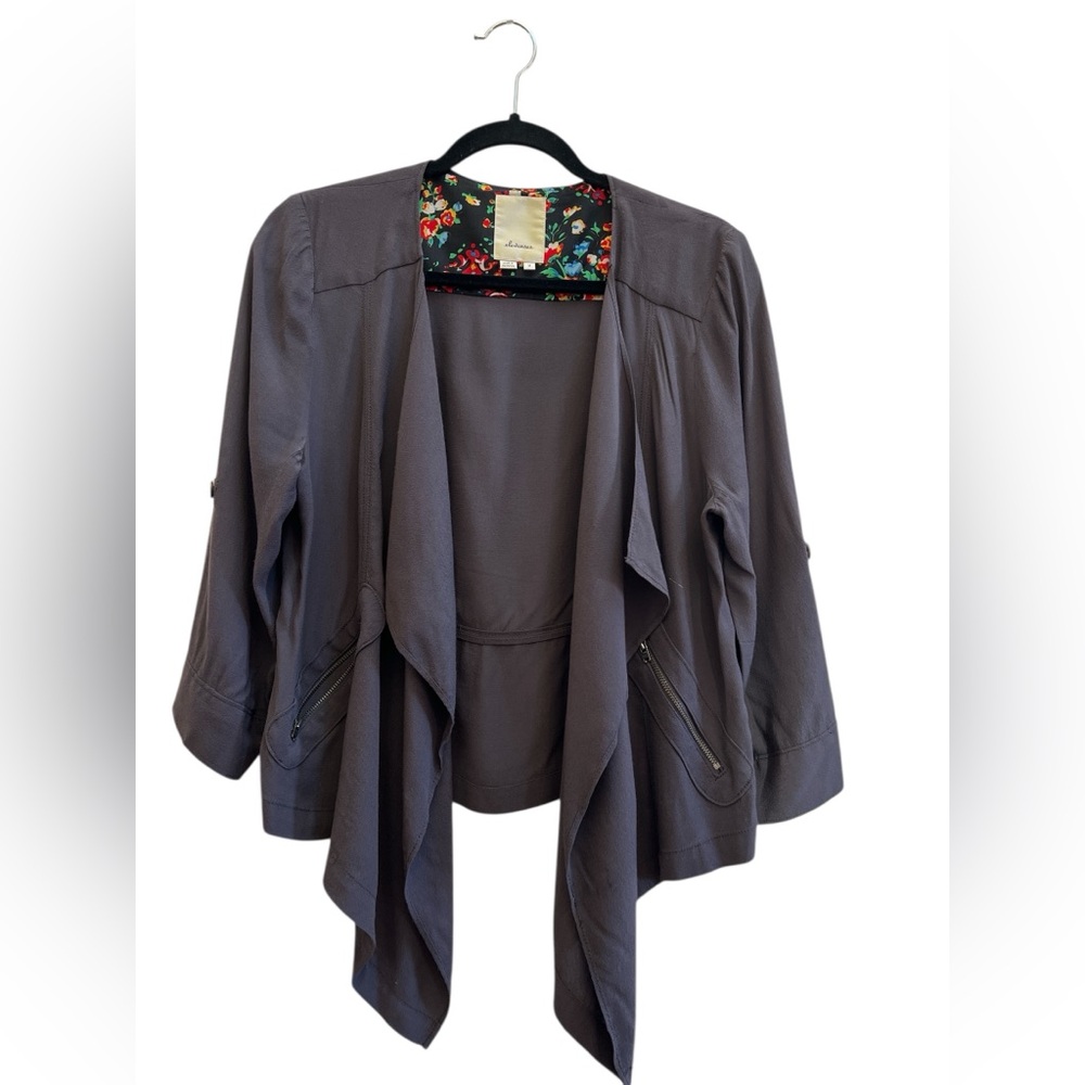 Elevenses Anthro Draped Open Front Jacket with Zip Pockets – Gray-Size M